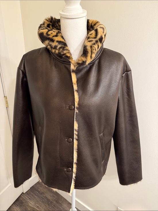 Leather Leopard Fur Jackets & Blazers - Marc New York Leopard Faux Fur Leather Brown Hooded Jacket Women’s Size Small